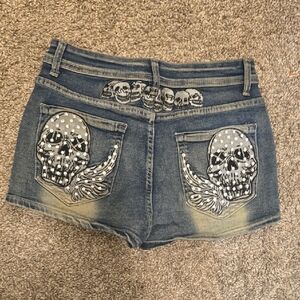 Skull Embroidered Jean Shorts